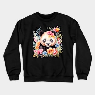 A panda bear decorated with beautiful watercolor flowers Crewneck Sweatshirt